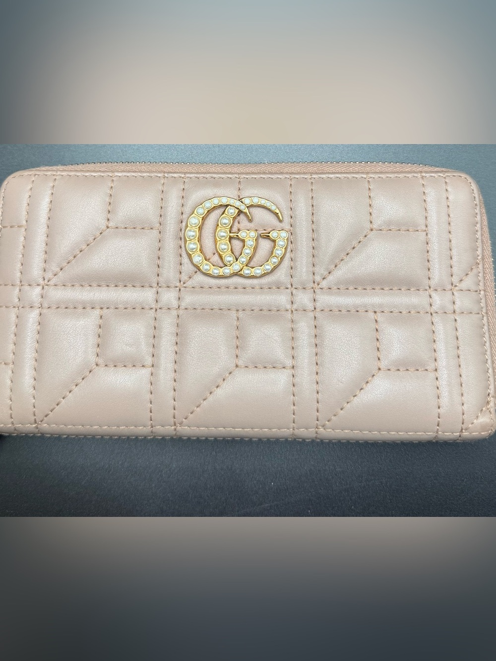 Gucci Quilted Leather Wallet in Blush with Pearl-Studded Gold GG